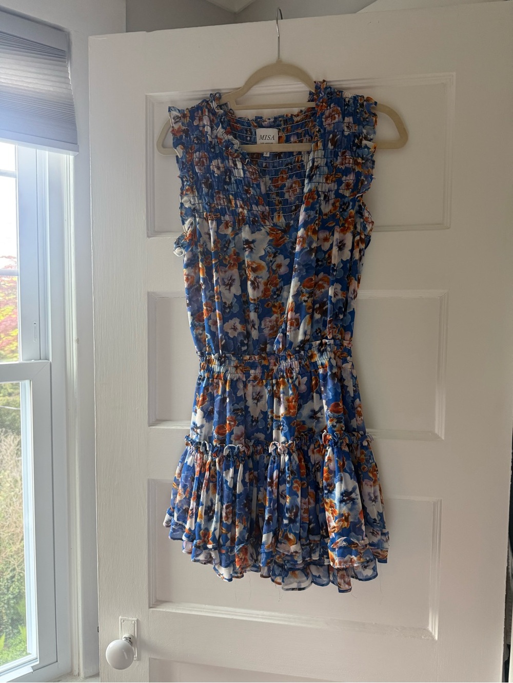 Misa Los Angeles Blue Floral Mini Dress with Orange Accents